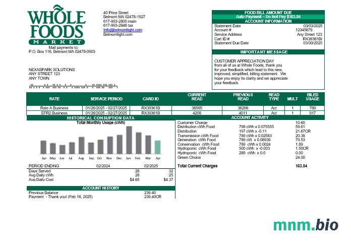 USA Whole Foods Market rachunek za usługi komunalne szablon w formacie Word i PDF